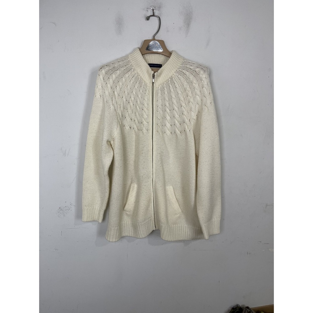Karen Scott Womens Cardigan 1X Full Zip Cardigan Cable Knit Cream Fair Isle